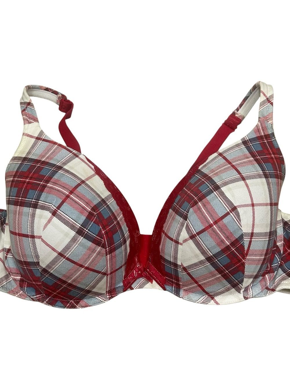Cacique Plaid T-Shirt Bra 40DD Red Blue Preppy Y2K Cottagecore Padded